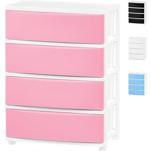 IRIS USA Plastic Drawer Storage Organizer, 4-Drawers, for Classroom Art Supplies Dresser Closet Bathroom Dorm Bedroom Laundry Room, Wide, White Frame with Matte Pink Front Panels