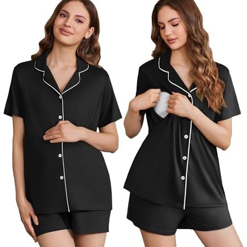 Ekouaer Women's Maternity Nursing Pajama Sets Button Down Postpartum Pajamas Short Sleeve Breastfeeding Clothes