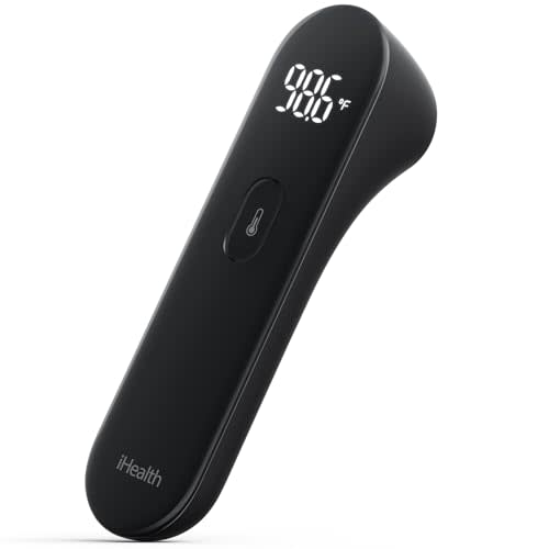 iHealth No-Touch Forehead Thermometer, Digital Infrared Thermometer for Adults and Kids, Non-Contact Baby Thermometer, 3 Ultra-Sensitive Sensors, Large LED Digits, Quiet Vibration Feedback, Black
