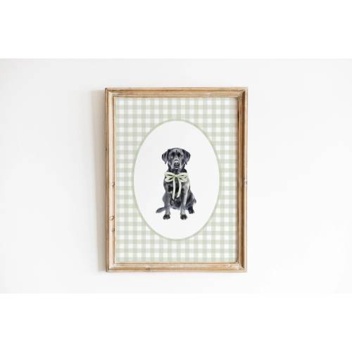 Black Labrador Retriever Nursery Decor, Watercolor Lab Dog Nursery Print, Baby Boy Nursery, Sage Green Gingham Wall Print, Girl Bow Wall Art