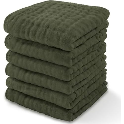 Baby Washcloths, Muslin Cotton Baby Towels, 6 Pack -Large 10”x10” Wash Cloths Soft on Sensitive Skin, Absorbent for Boys & Girls, Newborn Baby & Toddlers Bibs & Burp Cloths Essentials Set, Kelp