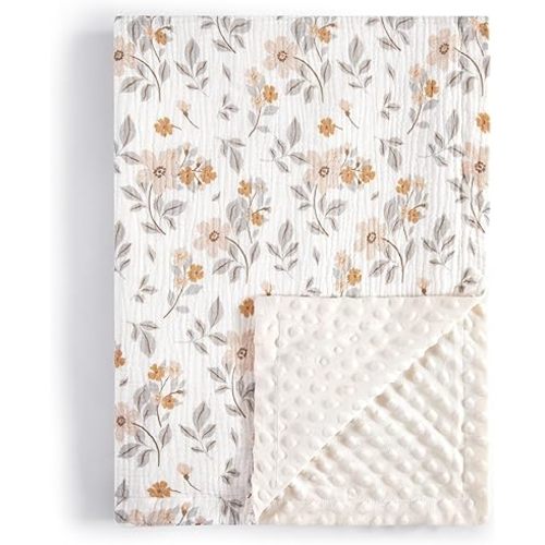 TILLYOU Baby Blankets for Girls Boys, Receiving Baby Blanket with Double Layer Soft Plush, Minky Muslin Cotton Front and Dotted Backing 30"x40", Yellow Flower