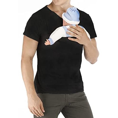 WW Kangaroo Dad T-Shirts Short Sleeve Baby Carrier Big Pocket Baby Care Nursing Blouse Black,XL