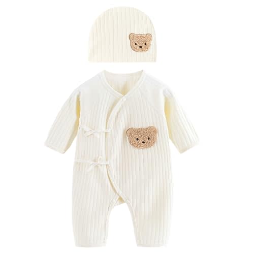 boxidixi Baby Cotton Jumpsuit & e Hat Long Sleeve Romper Infant Coveralls Spring Bodysuit Cartoon Bear Breathable Outfit