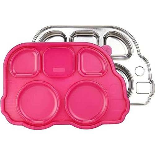 Innobaby Stainless Bus Plate with Airtight Sectional Lid, The Original, Leak-Resistant Divided Platter, Mom Invented Fun Shape Plate Din Din Smart for Babies, Toddlers and Kids, BPA Free Plate, Pink