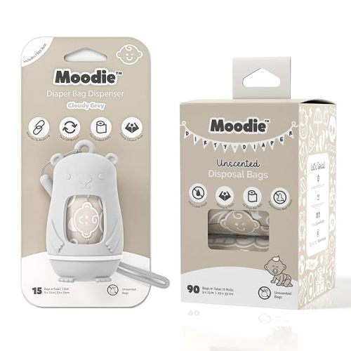 Moodie Teddy Bear Diaper Bag Dispenser w/Silicon Strap (CLOUDY GREY) & 6 Refill Roll PACK (UNSCENTED - 105 Bags TOTAL)