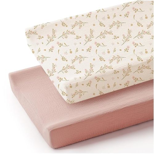 Konssy 2 Pack Muslin Changing Pad Cover for Baby Girls Boys 100% Cotton Fitted Diaper Changing Table Cover Set, Soft Changing Pad Sheets (Pink,Floral) - Pink, Floral