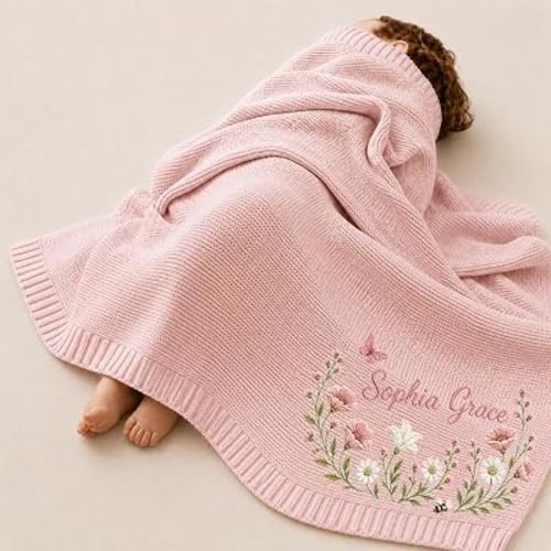 Personalized Embroidered Baby Blanket Custom Name Soft Knit Nursery Throw with Daisy Floral Bunny Design, Newborn Keepsake Present for Infant Girl Gift 5