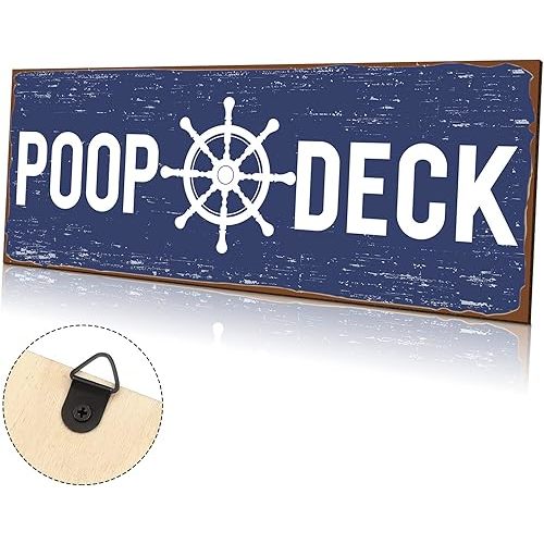 Jetec Poop Deck Sign Nautical Nursery Wall Decor Rustic Beach Bathroom Wood Sign Nautical Boat Decor Ocean Coastal Theme Decorations for Home Hanging for Ocean Bathroom 15.7 x 5.9 Inch(Blue)
