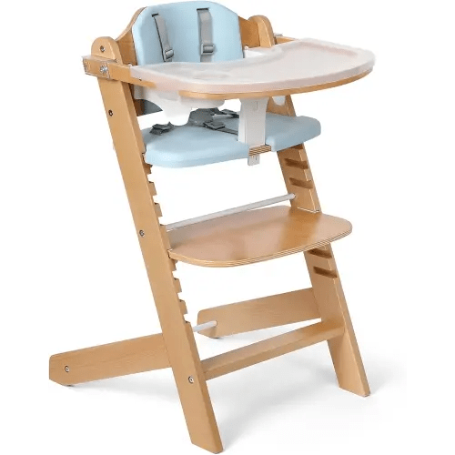 Cowiewie Natural Wooden High Chair for Babies & Toddlers 3-Tier Remove & Adjustable Tray, 8 Adjustable Highchair with Cushions, Portable (Blue)