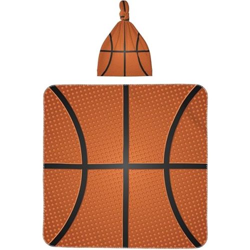 Basketball Print Baby Swaddle Blanket with Beanie Set, Newborn Receiving Blankets 35.4"X 35.4" Soft Swaddle Wrap Baby Stuff for Infant Boy Girl Gift