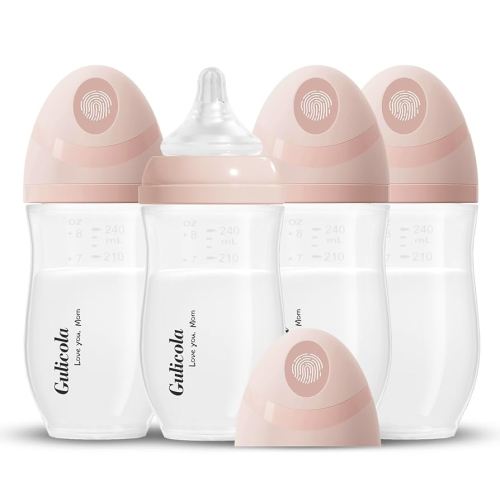Natural PP Baby Breastfeeding Bottles, Medium Flow Nipples (M), 3 Months +, Wide Neck, Pink, 8 oz - 4 pks