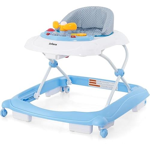 INFANS Foldable Baby Walker, 3 in 1 Toddler Walker Leaning-Seated Walk-Behind with Removable Music Tray, Adjustable Height, Washable Seat Cushion for Boys and Girls (Wave Point)
