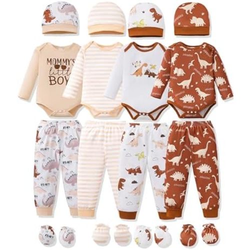 NZRVAWS Newborn Baby Boy Girl Clothes Unisex Infant Romper Pants Set Hat 4-Pack Outfits 0-12 Months 16 Pieces Toddler