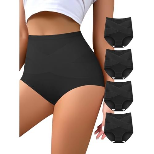 Women's High Waisted Underwear Slightly Tummy Control Cotton Panties Full Coverage Postpartum Briefs 4 Pack