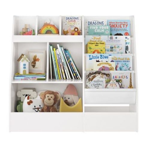 Arceso 4 in 1 Kids Bookshelf and Toy Storage Organizer, 3-Tier Toy Organizers with Removable Toy Bin, Toddler Sling Bookshelf with Storage Cubbies