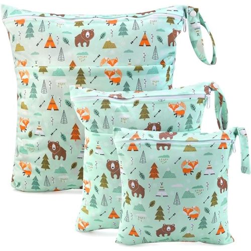 Wet Dry Cloth Diaper Bags - CeeKii 3 Pack Washable Travel Bags, Waterproof Wet Bag, Baby Reusable Beach Pool Gym Bag for Swimsuits and Wet Clothes with Zippered Pocket and Snap Handle (Green)
