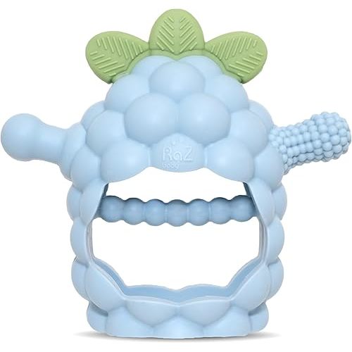RaZbaby RaZberry Grip Silicone Teether Toy for 3M+ | Drop Resistant Hand Held Teether for Babies and Infants - Designed by Nature with Our Patented BerryBumps Multitextured Design | 3M+, Blue