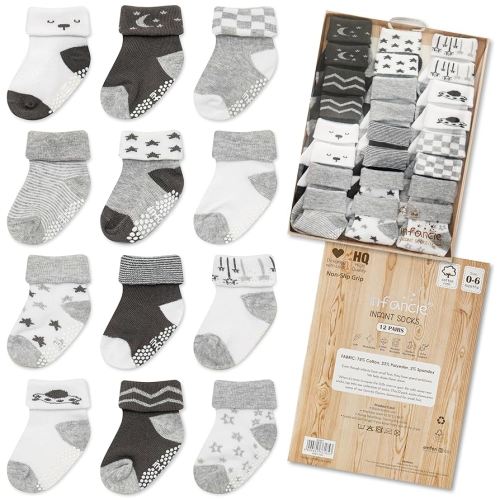 Baby Socks 12 Pairs - Non-Slip Infant Grip for Newborns & Toddlers 0-6 Months, Boys & Girls, Safe for Walking