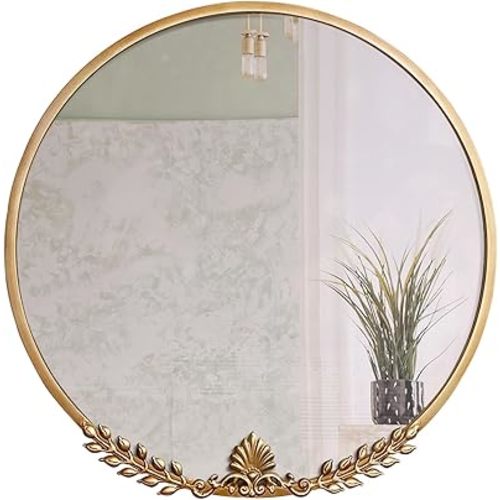 Vintage Round Wall Mirror, Metal Leaf 24.5inch Antique Gold Wall-Mounted Mirror for Bathroom, Circle Decorative Mirrors for Living Room, Bedroom,EntryWay (Antique Gold, 24x24.5)