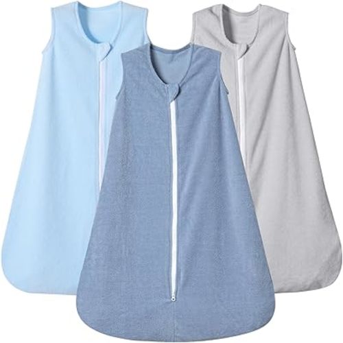 PHF 3 Pack Warm Micro-Fleece Baby Sleep Sack 6-12 Months, Soft Baby Wearable Blanket, 2-Way Zipper Sleeping Bags, Comfy Sleeping Sack for Infant Newborn Boys, Medium Size, Grey&Blue&Dark Blue