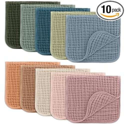 Comfy Cubs Muslin Burp Cloths 20" x 10", Pack of 10 - Large, 6-Layer, Ultra Absorbent 100% Cotton for Baby Drool and Messes - Soft, Safe & Gentle Baby Burp Cloths for Boys & Girls - Multi