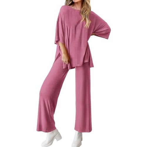 BTFBM Women 2 Piece Outfits Casual Loose Slit Short Sleeve Top Wide Leg Pants Matching Lounge Sets Tracksuit With Pocket