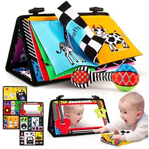 3-in-1 Tummy Time Mirror Toys with Soft Crinkle 3D Activity Book,Teethers, Rattle,High Contrast Black and White Montessori Baby Crawling Toys Developmental Newborn Infant Sensory Toys Gift 0-12 Months