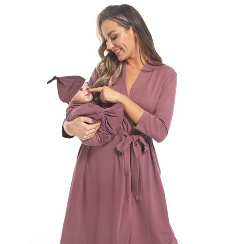 WINROLA Maternity Robe with Matching Swaddle Set Girls Boys, Mommy Me Robe Set Soft Elastic Women Robes
