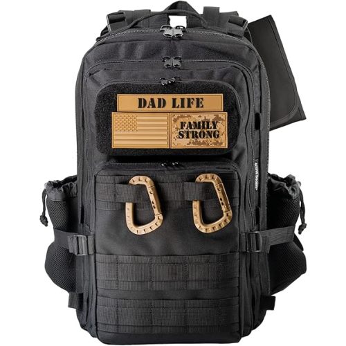 Dad Diaper Bag for Men with Dad Life Patches, Changing Pad | YKK Zippers, 2 Insulated Bottle Pouches, Adjustable Padded Back Straps, Cinch Straps, Stroller Straps, 9 Internal Pockets