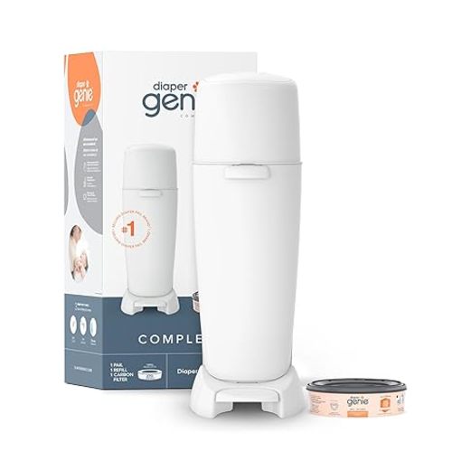 Diaper Genie Complete Diaper Pail (White) with Antimicrobial Odor Control | Includes 1 Diaper Trash Can, 1 Refill Bags, 1 Carbon Filter, Packaging may vary - Pail + 1 Refill