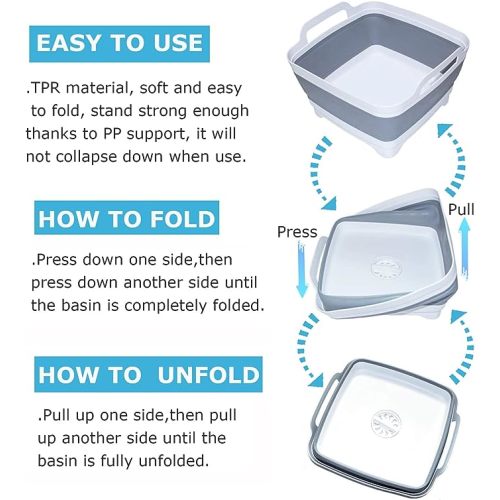 MontNorth Dishpan For Washing Dishes,9L Collapsible and Portable,Wash Dish Basin,Foldable Laundry Tub with Drain Plug for Kitchen Sink,Camping,Gray