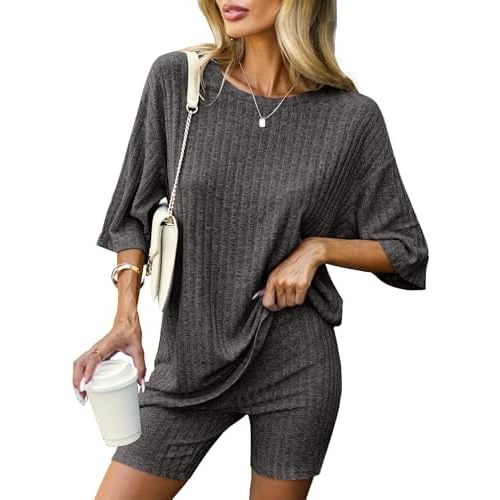Ekouaer Pajamas 2 Piece Lounge Sets Ribbed Knit Matching Outfits T-shirt Biker Shorts Sleepwear Loungewear Sweatsuits