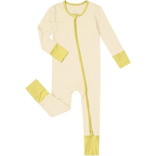 Teach Leanbh Unisex Baby Bamboo Viscose Pajamas with Mittens and Feet Cuffs Soild Printing 2 Way Zipper Long Sleeve Romper