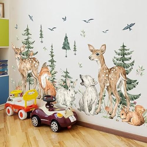 Amaonm 4 Sheet of 12x36 inch Giant Forest Tree Wall Decal Woodland Deer Bear Rabbit Fox Squirrel Birds Wall Stickers 3D DIY Peel and Stick Jungle Wild Animal Pine Wall Decor for Kids Boys Bedroom