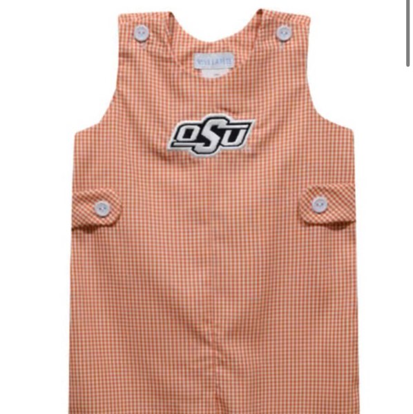 Vive La Fete Oklahoma State Cowboys Baby ORANGE Gingham Overalls - 3981799