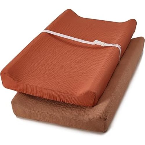 TILLYOU Muslin Changing Pad Cover for Girls Boys, Soft and Breathable Baby Diaper Changing Pad Cover, 2 Pack Caramel&Brown