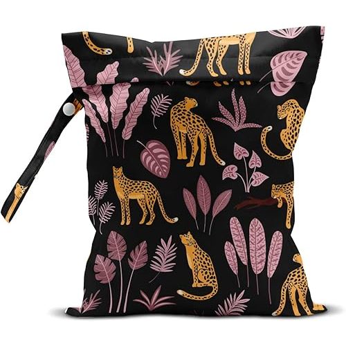 Wet Dry Bag for Swimsuit, Travel, Beach, Pool, Diapers, Gym Clothes, Makeup, Camping Accessories - Waterproof Reusable Jungle Tropical Leaves Cheetah Print