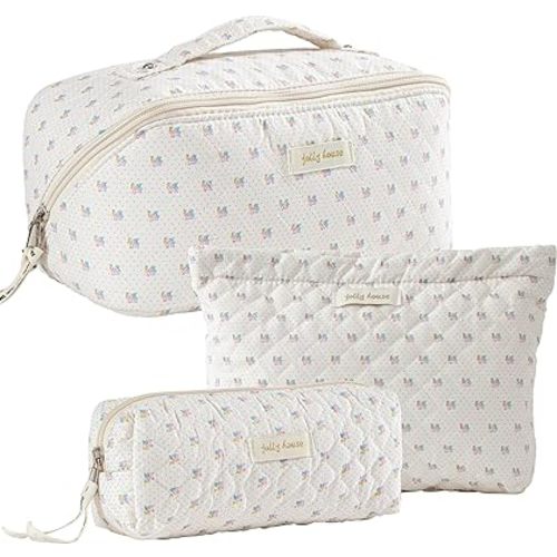 HBselect 3 PCS Floral Makeup Bags - Large Cotton Travel Cosmetic Organizers for Toiletries and Accessories