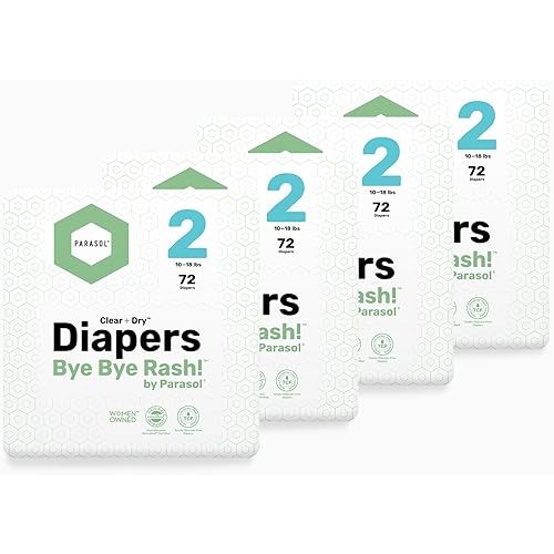 Parasol Clear+Dry Disposable Diapers, RashShield Protection and Leak-Control Fit, Hypoallergenic Diapers, Size 2 (10-18 lbs), 288 Count