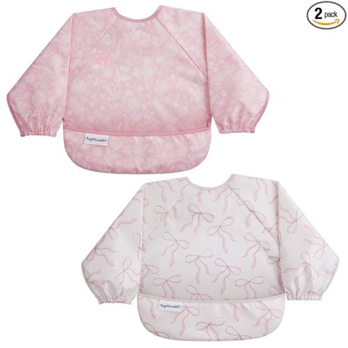 Tiny Twinkle Long Sleeve Bib for Babies & Toddlers | 2-Pack Waterproof Smock Bib for Eating | Machine Washable & Mess-Proof Feeding Essentials | Newborn Shower Gift (Toile,Bows, 6-24M)