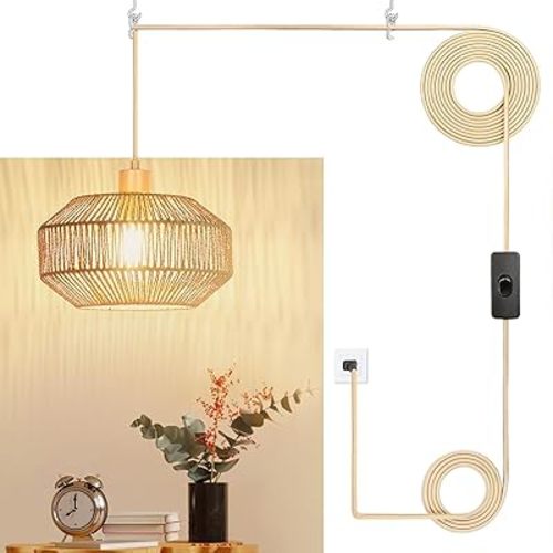 Plug in Pendant Light Paper Woven Rattan Hanging Lights Boho Hanging Lamp Rustic Farmhouse Pendant Lights for Kitchen Dining Room Bedroom Entryway, with 3-Way Dimmable Bulb (Woven)