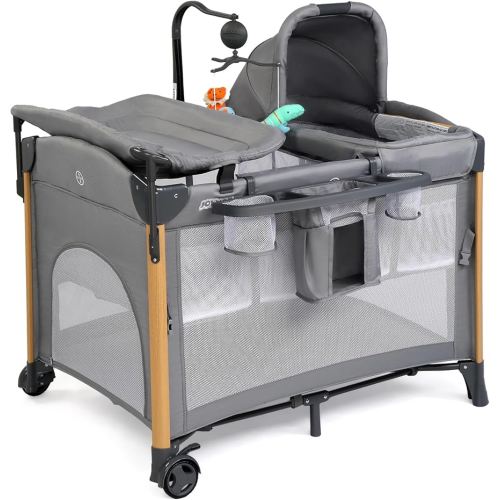 Amazon.com : JOYMOR 7 in 1 Bedside Bassinet with Changing Table, All in One Nursery Center, Bedside Sleeper with Mattress, Sheet, Canopy, Storage Shelf and Hanging Toy,Gray : Baby