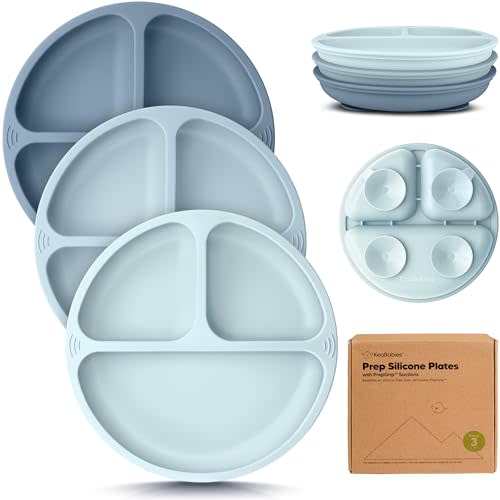 KeaBabies Suction Plates for Baby, Toddler - 3-Pack 100% Silicone Toddler Plates with Suction, Divided, BPA-Free Baby Led Weaning Essentials for Kids, Dishwasher, Microwave Safe, Durable (Alps)