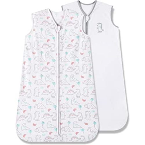 TILLYOU 2 Pack Baby Sleep Sack 12-18 Months 100% Cotton Wearable Blanket 0.5 TOG Sleeveless Summer Sleep Sacks with 2-Way Zipper, Woodland Dinosaurs