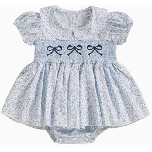 GOOCHEER Newborn Baby Girl Summer Outfits Bow Embroidery Smocked Romper Dress Floral Short Sleeve Bodysuit Jumpsuit Clothes