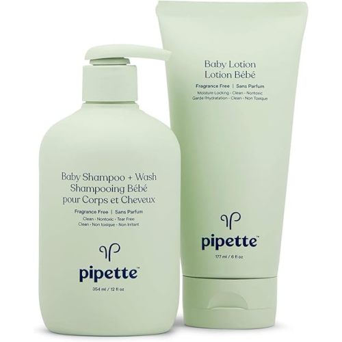 Pipette Baby Bathtime Duo Baby Wash Tear-Free and Moisturize Set with Renewable Plant-Derived Squalane (3-Piece Set)