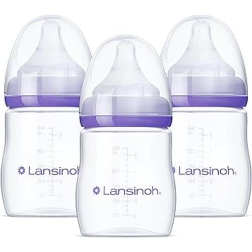 Lansinoh Anti-Colic Baby Bottles for Breastfeeding Babies, 160 ml (5 Ounces), 3 Count, Includes 3 Slow Flow Nipples, Size S