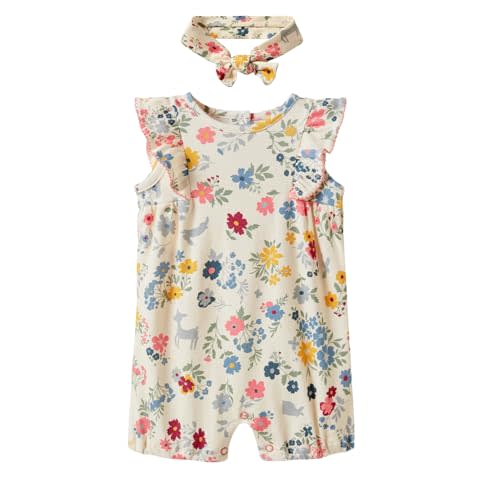 Minicoco Baby Girl Romper 100% Cotton Breathable Soft with Headband, Sleeveless Summer Outfits for Newborn Infant 0-24 Months