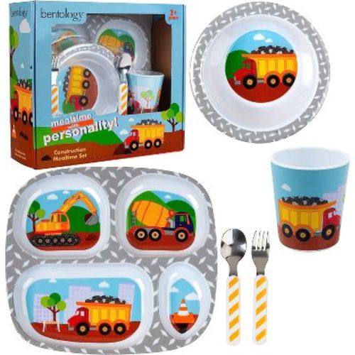 Bentology 5 Pc Mealtime Set for Kids & Toddlers, Construction Theme- Includes Divided Plate, Bowl, Fork & Spoon - Dishwasher Safe, BPA Free- Cute